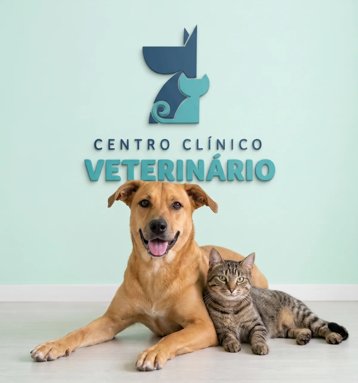 Cão caramelo e gato tigrado deitados lado a lado diante de uma parede menta com o logo do Centro Clínico Veterinário